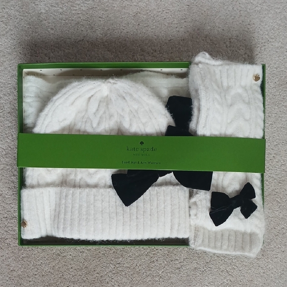 Kate Spade Velvet Cable Bow 3 Piece Scarf Hat & Arm Warmers